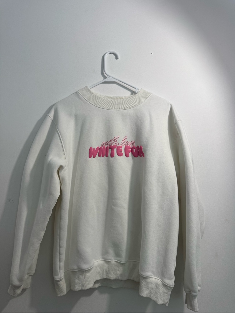 White Fox Boutique Cream Crewneck Sweatshirt with Pink Logo